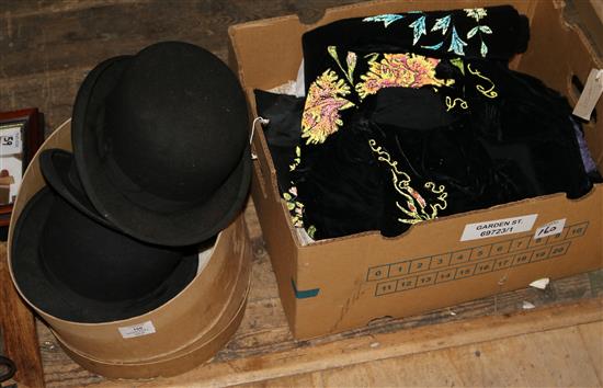 Collection of embroidered black silk/velvet textiles, sundry table linen and lace and three bowler hats (one boxed)